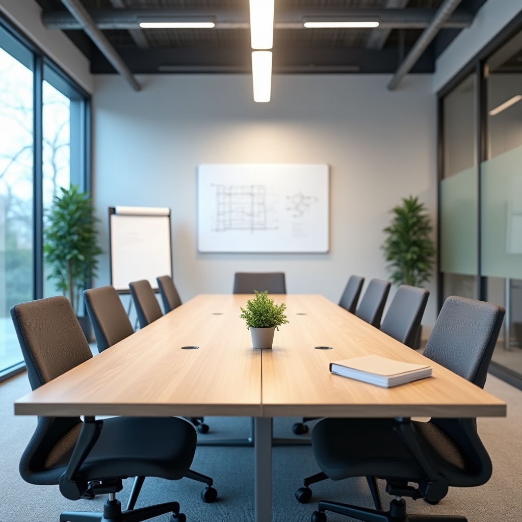 Sala de reuniones con mesa de madera y ventanales amplios